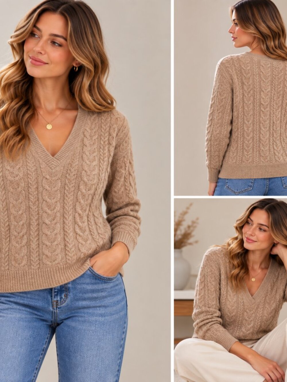 J.Crew 100% Cashmere Cable Knit V-Neck Sweater Size S – Camel